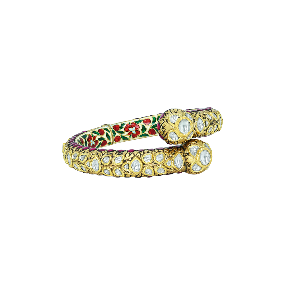 Floral Polki Cuff Bangle with Vibrant Enamel